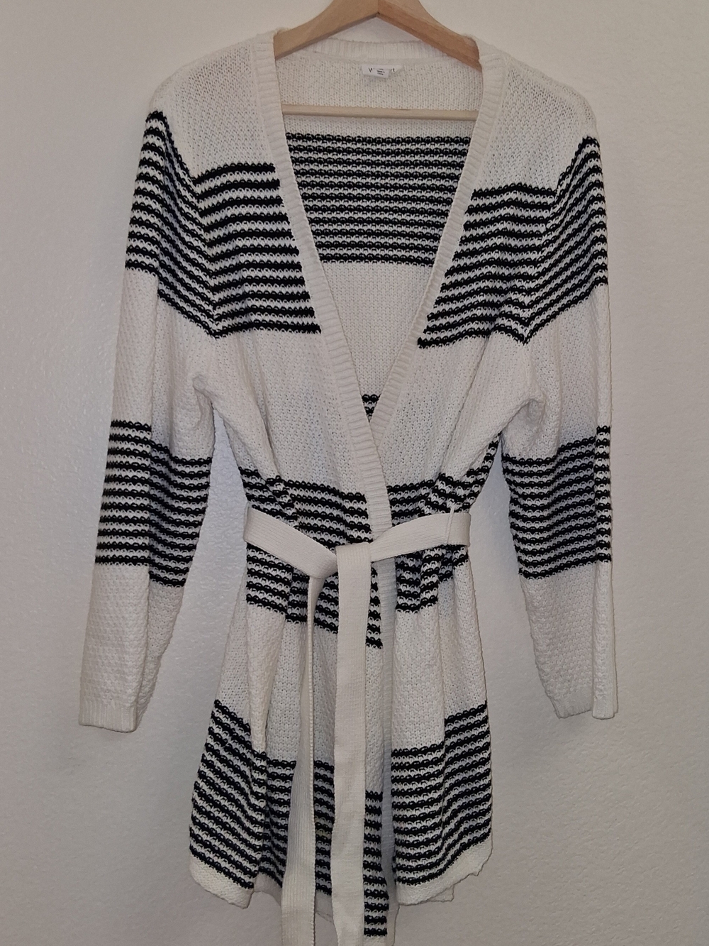 Westport Black and Cream Striped Wrap Cardigan with Tie Waist PXL